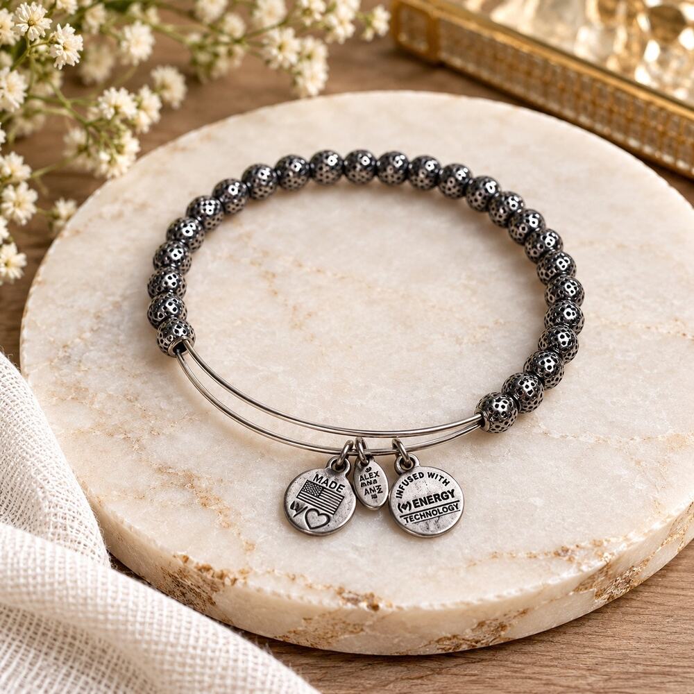 Alex and Ani Bangle Beaded Bracelet Silver Tone Charm Expandable Boho